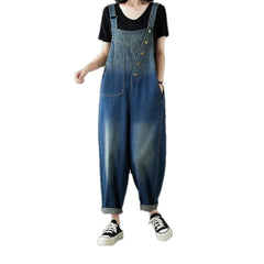 Street style baggy abraded women's denim dungaree