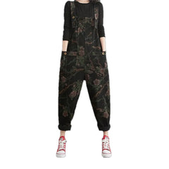 Baggy fit floral pattern women's denim overall