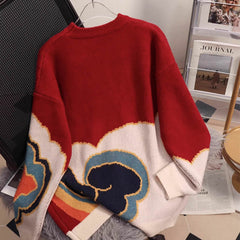 Red Vintage Dragon Knit Sweater Long Sleeve Lapel Dress