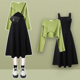 Green Cross Knit Crop Sweater A-line Slip Dress