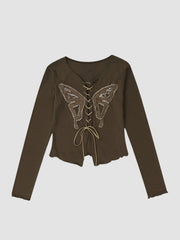 Butterfly Strap Patch Long Sleeves Top