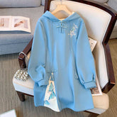 Aesthetic Embroidery Buckle Plush Hoooded Sweatshirt Dress