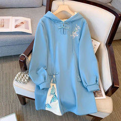 Aesthetic Embroidery Buckle Plush Hoooded Sweatshirt Dress