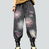 Baggy sanded jean pants for women