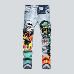 Color skull print painted jeans for men