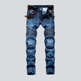Embroidered blue moto men's jeans