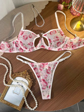 French Romantic Pink Rose Print Sheer Mesh lingerie