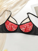 Hot Sale Seductive Black Mesh Red Floral Lace Sheer Underwire Bra