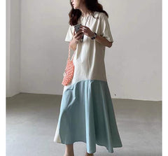 Short-Sleeve Two-Tone Midi A-Line Dress