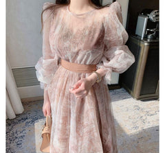 Puff-Sleeve Printed Midi A-Line Organza Dress