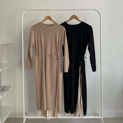 Mock Two-Piece Long-Sleeve Pleated Panel Midi A-Line Knit Dress