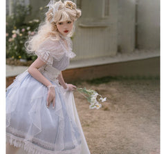 Lolita Puff-Sleeve Plain Lace Trim Midi A-Line Dress / A-Line Skirt / Tights / Set