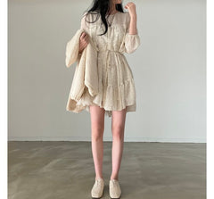 Long-Sleeve Round Neck Print Tiered Mini A-Line Dress