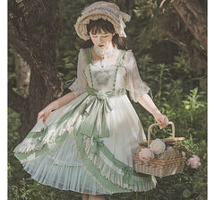 Lolita Flower Embroidered Lace Trim Bow Dungaree Dress / A-Line Skirt / Socks / Set