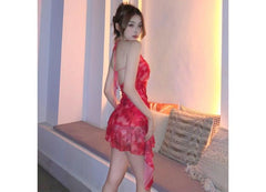 Halter Tie Dye Ruffle Asymmetrical Mini Sheath Dress