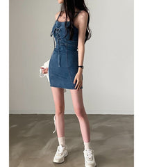 Spaghetti Strap Lace Up Mini Sheath Denim Dress