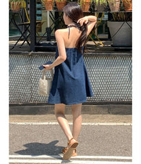 Halter Washed Mini A-Line Denim Dress