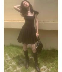 Cap-Sleeve Square Neck Plain Mini A-Line Dress