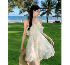 Halter-Neck Floral Print Ruffled Mini A-Line Dress