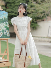 Sleeveless Crew Neck Plain Ruffle Midi A-Line Dress