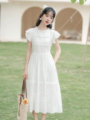 Sleeveless Crew Neck Plain Ruffle Midi A-Line Dress