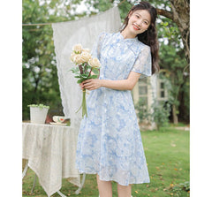 Short-Sleeve Band Collar Floral Print Midi A-Line Dress