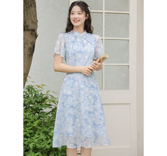 Short-Sleeve Band Collar Floral Print Midi A-Line Dress