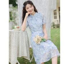 Short-Sleeve Band Collar Floral Print Midi A-Line Dress
