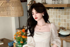 Long-Sleeve Square Neck Plain Ruffle Midi Sheath Dress