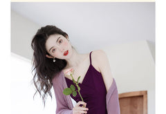 Set: Spaghetti Strap Scoop Plain Midi Sheath Dress + Plain Long Cardigan