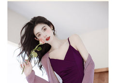 Set: Spaghetti Strap Scoop Plain Midi Sheath Dress + Plain Long Cardigan