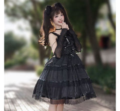 Lolita Spaghetti Strap V-Neck Ruffle Trim Tiered A-Line Dress / Gloves / Set