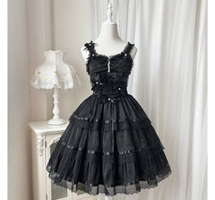 Lolita Spaghetti Strap V-Neck Ruffle Trim Tiered A-Line Dress / Gloves / Set