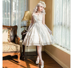 Lolita Spaghetti Strap V-Neck Ruffle Trim Tiered A-Line Dress / Gloves / Set
