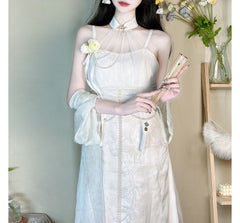 Short-Sleeve Sheer Panel Maxi Sheath Lolita Dress / Light Jacket / Set