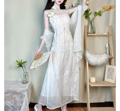 Short-Sleeve Sheer Panel Maxi Sheath Lolita Dress / Light Jacket / Set