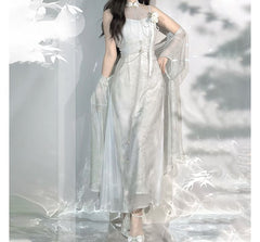 Short-Sleeve Sheer Panel Maxi Sheath Lolita Dress / Light Jacket / Set
