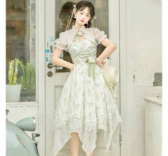 Lolita Spaghetti Strap Floral Print Midi Dress / Lace Shrug / Set