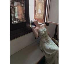 Spaghetti Strap Bamboo Print Midi A-Line Dress / Light Jacket / Set