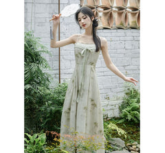 Spaghetti Strap Bamboo Print Midi A-Line Dress / Light Jacket / Set