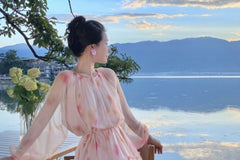 Long-Sleeve Crew Neck Tie Dye Ruffle Midi A-Line Dress