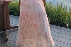 Long-Sleeve Crew Neck Tie Dye Ruffle Midi A-Line Dress