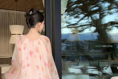 Long-Sleeve Crew Neck Tie Dye Ruffle Midi A-Line Dress