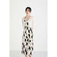 Set: Spaghetti Strap Floral Print Midi Dress + Light Jacket