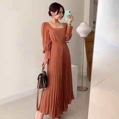 Long-Sleeve Square Neck Floral Midi A-Line Dress