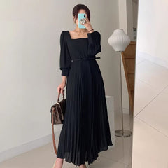 Long-Sleeve Square Neck Floral Midi A-Line Dress