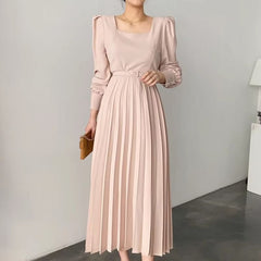 Long-Sleeve Square Neck Floral Midi A-Line Dress