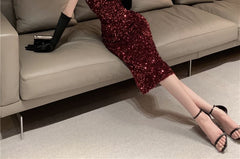 Spaghetti Strap Plain Sequin Midi Sheath Cocktail Dress