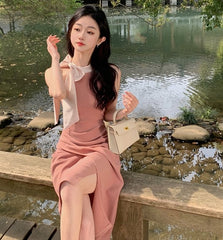 Halter Plain Bow Midi Sheath Dress