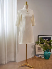 Short-Sleeve Stand Collar Rhinestone Keyhole Mini A-Line Dress